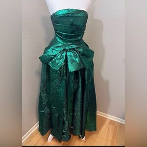 #28 Green and Black Metallic Strapless Tea Length Dress with Bow - Small